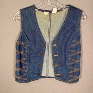 Vintage 70s Wrangler Denim Vest Womens Medium Blue USA Western Rodeo Cowgirl